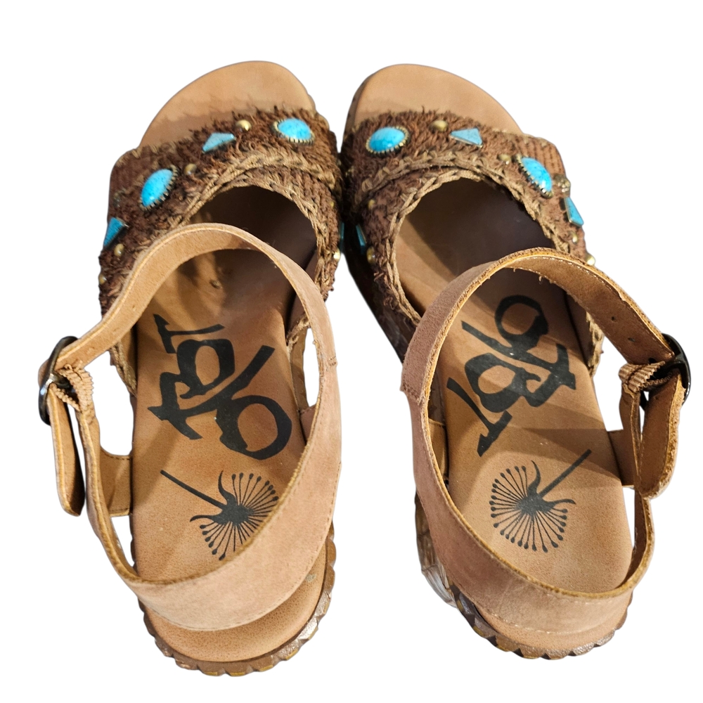 OTBT Cahoot Leather Brown Wedge Peasant Sandals Turquoise Stone Accents Sz 6.5 - Picture 6 of 9
